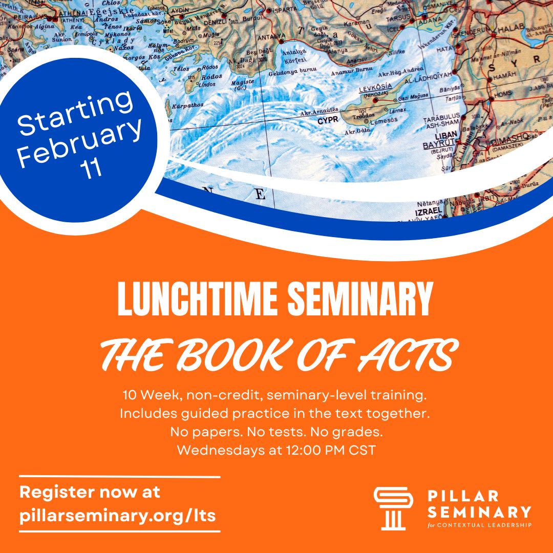 Book of Acts class announcement with an image of a map