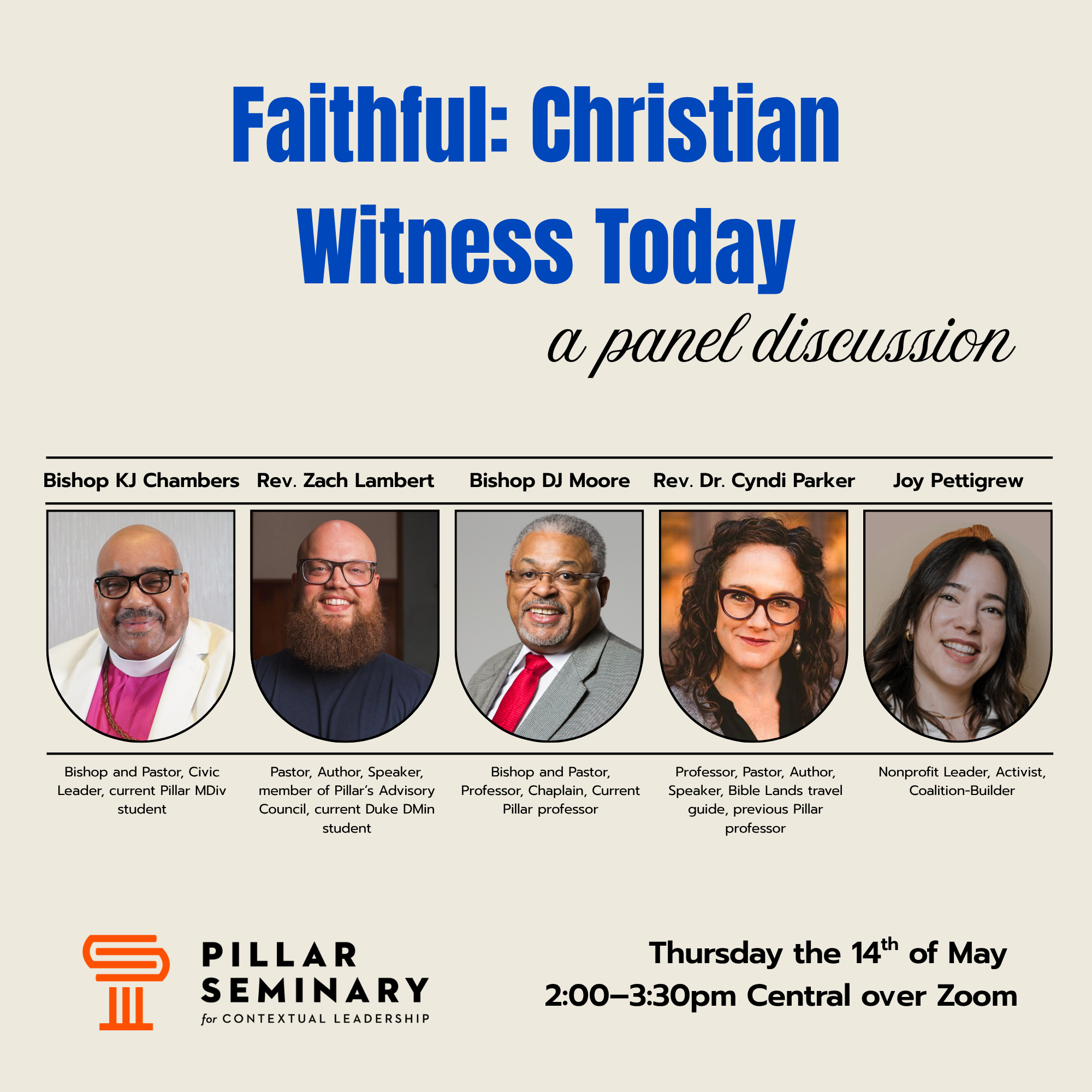 Picture and description of panelists: KJ Chambers, Zach Lambert, Donell Moore, Cyndi Parker, and Joy Pettigrew